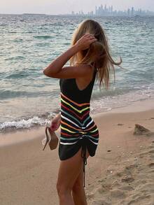 SHEIN Swim 时尚撞色条纹侧边抽绳露背罩衫（女士款） - 黑色 - 查看 6