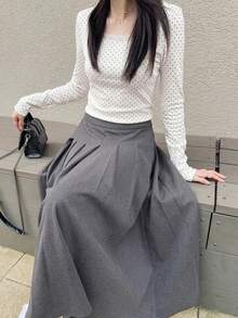 Dazy Tall 女款高個長袖圓點蕾絲拼接休閒T恤，適合高個女孩 - 黑與白 - 查看 3