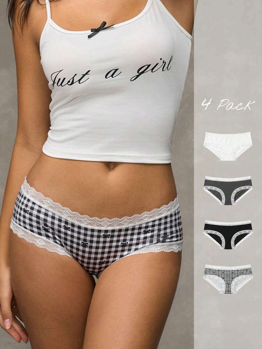 Esseday 4pcs Low Waist Daily Comfortable Lace Casual Women's Hipster Panties - Multicolor - View 1