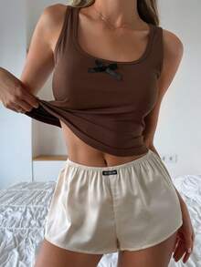 Livesso Women's Bow Decor Tank Top And Shorts Loungewear Set Summer Pajamas - Mocha Brown - View 4