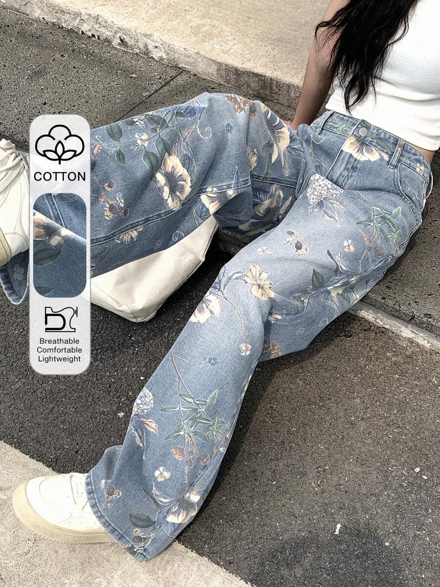 DAZY 女士休闲印花宽松阔腿牛仔裤，适合度假和日常通勤 - 淺色水洗藍 - 查看 1