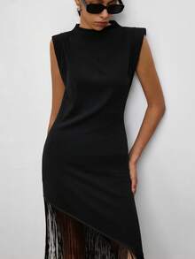 Maija Vestido midi de mujer con cuello alto, hombros anchos, bajo empoderador, flecos asimétricos, estilo vintage old money, estilo maestra, romántico, versátil, para verano, fiesta, playa, vacaciones, salida, ceremonia de graduación, blusa elegante, camisa casual, atuendo formal, trabajo, oficina - Negro - Ver 5
