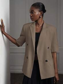 Aveloria Modichic 歐美風休閒春夏純色短袖仿亞麻優雅通勤西裝外套 辦公商務棕色 - 卡其色 - 查看 5