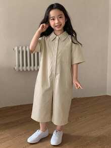 Dazy Kids 女童純色休閒短袖舒適連身褲 夏季 - 卡其色 - 查看 1