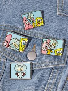 SpongeBob SquarePants | SHEIN 4件組新款創意卡通大頭貼紙立體金屬胸針套組，IP聯名設計，可愛個性化，簡約大方，亦可作為 - 白金 - 查看 2