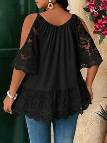 Breezaya Plus Size Faux Linen Textured Fabric Scoop Neck Off-Shoulder Strap Short Sleeve Lace Decor Chest Loose A-Line Hem Shirt Casual Elegant Formal Vacation - Black - View 2