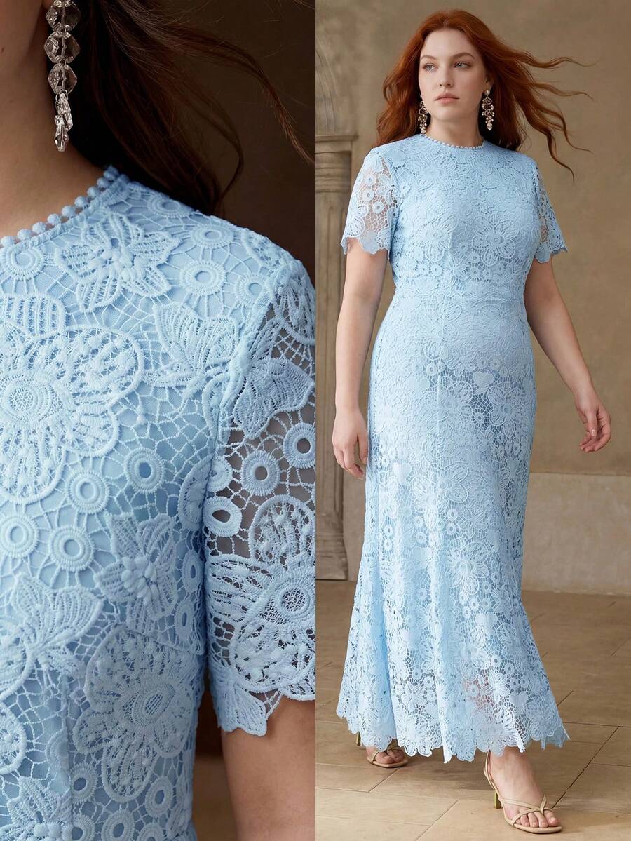 MOTF PREMIUM WOMEN PLUS ELEGANT LACE MIDI DRESS - Baby Blue - View 1