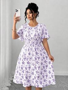 Elenzga Gaun A-line Lengan Pendek Leher Bulat Motif Bunga Manis Elegan Terlaris Ukuran Plus, Desain Pinggang Elastis yang Melangsingkan, Cocok untuk Perjalanan Sehari-hari, Jalan-jalan, Liburan, Pertemuan, dan Bepergian - Purple - View 1