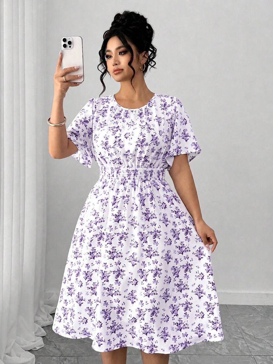 Elenzga Gaun A-line Lengan Pendek Leher Bulat Motif Bunga Manis Elegan Terlaris Ukuran Plus, Desain Pinggang Elastis yang Melangsingkan, Cocok untuk Perjalanan Sehari-hari, Jalan-jalan, Liburan, Pertemuan, dan Bepergian - Purple - View 1