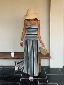 DAZY Summer Holiday Party Outfit Brown Spaghetti Strap Striped Fitted Midi Dress For Women - Lake Blue - View 4