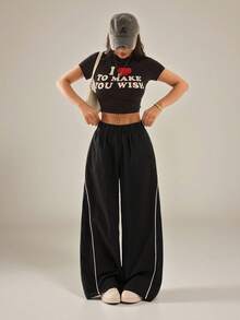 SHEIN PETITE Pantalon noir à jambes larges pour femmes, style streetwear vintage, festival, sortie, retour à la maison, basique, essentiels pour le port quotidien, automne/hiver, pour femmes de petite taille - Noir - Voir 10