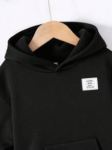 SHEIN 2件/套 青少年男女款休閒學院風舒適時尚簡約百搭字母印花刷毛加厚連帽衛衣與長褲，適合開學首日穿著 - 黑色 - 查看 4