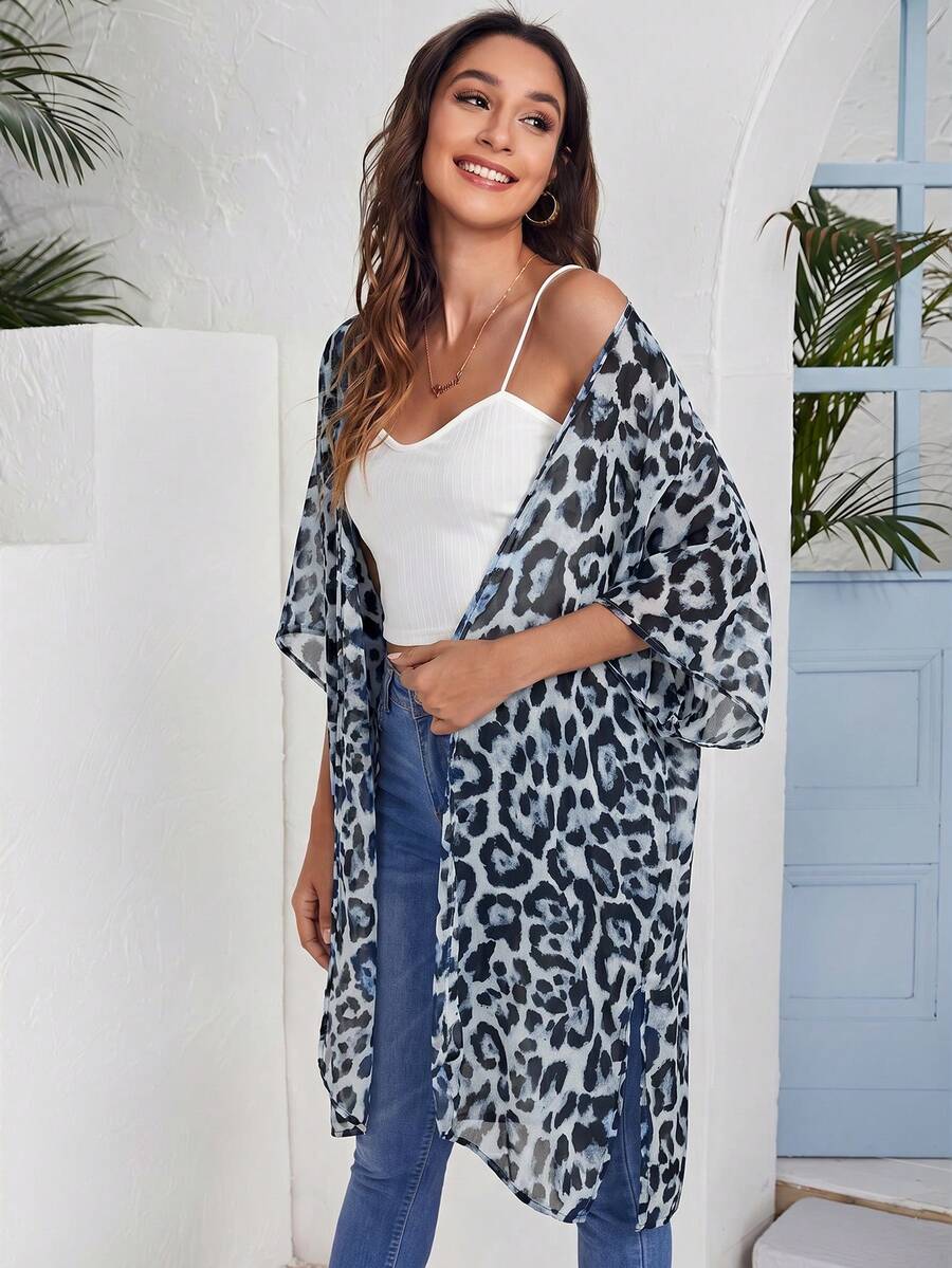 SHEIN VCAY 度假海灘豹紋和服罩衫
