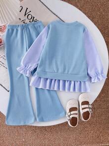 SHEIN Playful Pals 2件組女童藍色條紋蝴蝶結荷葉邊長袖二合一上衣搭配藍色長褲，返校穿搭套裝 - 藍色 - 查看 2