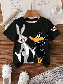 LOONEY TUNES X SHEIN 男童休闲字母卡通图案圆领短袖T恤，夏季款 - 白色 - 查看 7