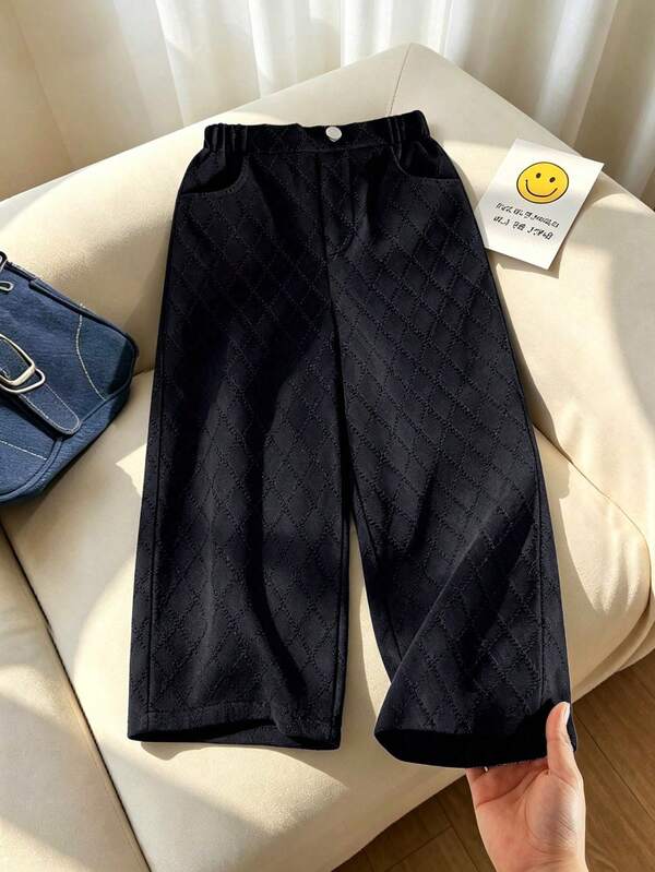 SHEIN Girls' Black Solid Color Textured Wide Leg Pants, Black Denim Casual Pants, Suitable For Back To School Season, Cotton Fabric, Pocket Design,To-School