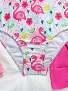 SHEIN 少女全身印花細肩帶連身泳衣附裙襬，適合海邊度假、泳池派對、海灘派對 - 粉色 - 查看 5