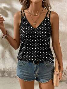 EMERY ROSE Casual Simple Black Polka Dot Pattern Plus Size Women's Camisole Tank Top Suitable For Summer - Black - View 7