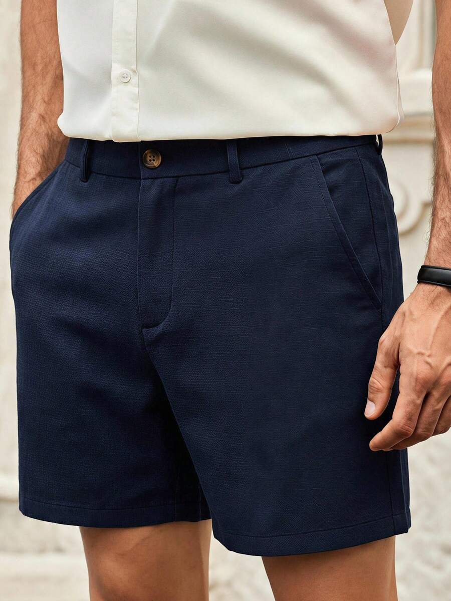 HIMLAND Men's Textured Solid Color Pocket Casual Shorts, Versatile Daily Wear - Navy Blue - View 1