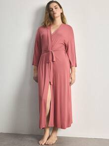 Ocili Bata larga de manga larga cómoda y suave de talla grande y minimalista - Rosa vieja - Ver 5