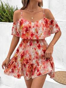 SHEIN Clasi 女士优雅棕色豹纹露肩荷叶边V领A字短裙 - 紅白色 - 查看 4