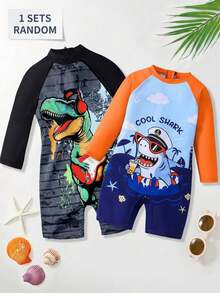 SHEIN Young Boy Letter Cartoon Pattern Long Sleeve Romper Swimsuit, Suitable For Beach Vacation, Pool Party, Beach Party - Black - View 4