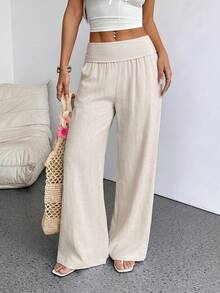 SHEIN PETITE Women Casual Solid Low Wasit Wide Leg Pants Vacation White Autumn,Petite Women Vacation Vacation Beach Vacation Vacation - Apricot - View 5
