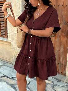 EMERY ROSE Plus Size V-Neck Textured Fabric Cap Sleeve Open Front A-Line Ruffle Multi-Layer Hem Casual Outing Vacation Commute Party Dress - Burgundy - View 4