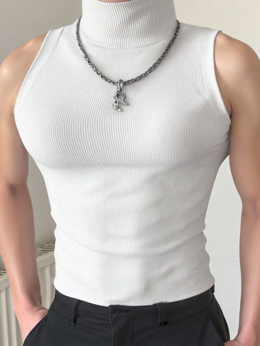 Manfinity Dauomo 男士纯色圆领罗纹休闲日常背心,秋季 - 白色 - 查看 1