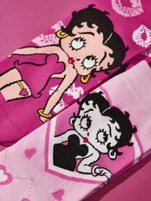Betty Boop x SHEIN 2雙女款可愛卡通角色圖案中筒襪，禮物，XOXO，親吻，愛，禮物靈感，派對，節日，情人節 - 彩色 - 查看 3