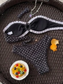 Swim Mod 春夏時尚海洋印花設計貝殼飾品海灘兩件式性感比基尼度假套裝 - 黑色 - 查看 6