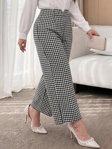 Modelyn Plus Size Women's High Waist Metal Button Design Houndstooth Wide Leg Pants Fall - Black and White - View 5