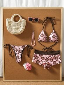 Swim Mod Women's 26SS Spring/Summer New Dual-Color Print V-Neck Backless Triangle Bikini Set With Tie-Up Triangle Bottoms And Hipster Bottoms, 3-Piece Sweet Beach Vacation Swimsuit - Multicolor - View 4