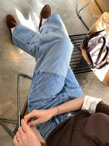 DAZY 女款拼接日系街頭風寬鬆寬腿休閒牛仔褲可愛上衣 - 淺藍色 - 查看 4