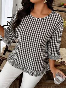 Weeklong Plus Size Women's Casual Plaid Ruffle Trim Short Sleeve Blouse, Versatile For Summer - Black and White - View 1