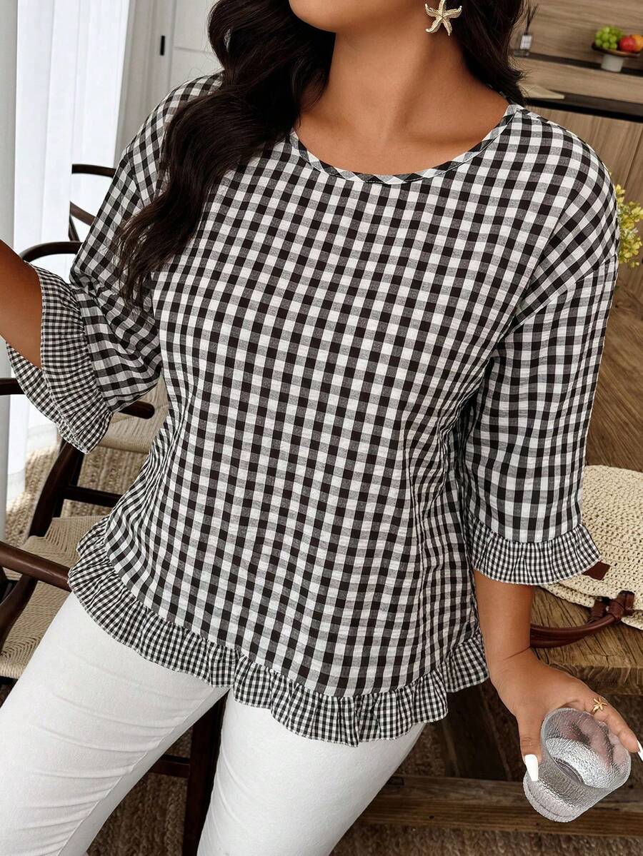 Weeklong Plus Size Women's Casual Plaid Ruffle Trim Short Sleeve Blouse, Versatile For Summer - Black and White - View 1