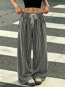 SHEIN Women's Casual Striped Colorblock Minimalist Drawstring Waist Long Pants - Navy Blue - View 1