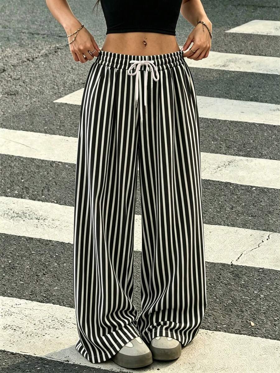 SHEIN Women's Casual Striped Colorblock Minimalist Drawstring Waist Long Pants - Navy Blue - View 1