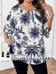 SHEIN CURVE+ CURVE PLUS /情人節/大尺碼女款領結領休閒百搭日常通勤中袖襯衫 - 藍色 - 查看 1