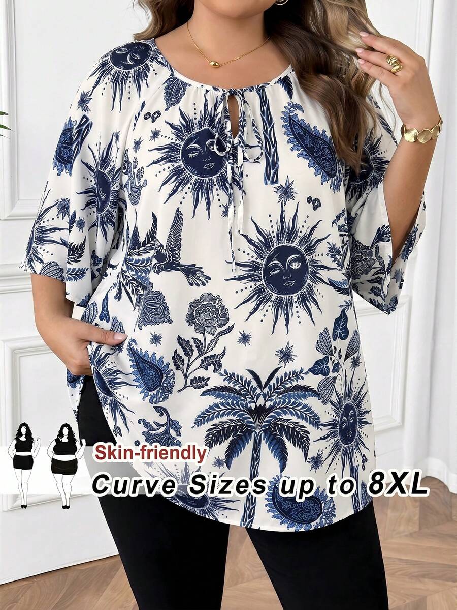 SHEIN CURVE+ CURVE PLUS /情人節/大尺碼女款領結領休閒百搭日常通勤中袖襯衫 - 藍色 - 查看 1