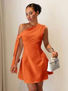 Slaydiva 2026 Spring/Summer Elegant Sexy Commuting Vacation Fitted Orange Red One-Shoulder Tie-Waist A-Line Women Mini Dress Suitable For Everyday Wear Travel - Orange - View 7