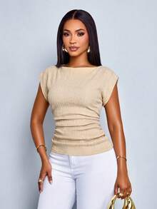 SOLERSUN Sexy And Elegant Women's Commuter Casual T-Shirt, Fitted Waist, Stylish Top, Spring/Summer Vintage Style, Khaki Textured Fabric. Brunch - Apricot - View 7