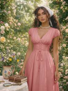 Skyraze Vestido midi elegante y dulce para mujer con mangas abullonadas y cintura anudada - Rosa - Ver 2