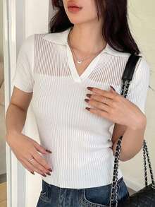 DAZY 女款日常通勤短袖V領修身針織上衣 - 白色 - 查看 4