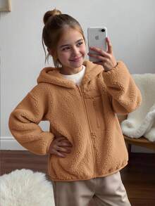 SHEIN 青少年女孩秋冬休閒居家與戶外保暖內裡加厚珊瑚絨泰迪絨拼接梭織拉鍊口袋長袖連帽外套 - 卡其色 - 查看 7