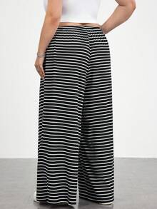 SHEIN CURVE+ 女款黑白條紋休閒抽繩大尺碼長褲，適合秋季/居家穿著 - 黑與白 - 查看 2