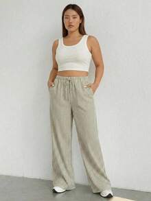 SHEIN PETITE CURVE 大码弹力腰休闲条纹裤 - Limelight Green - 查看 6