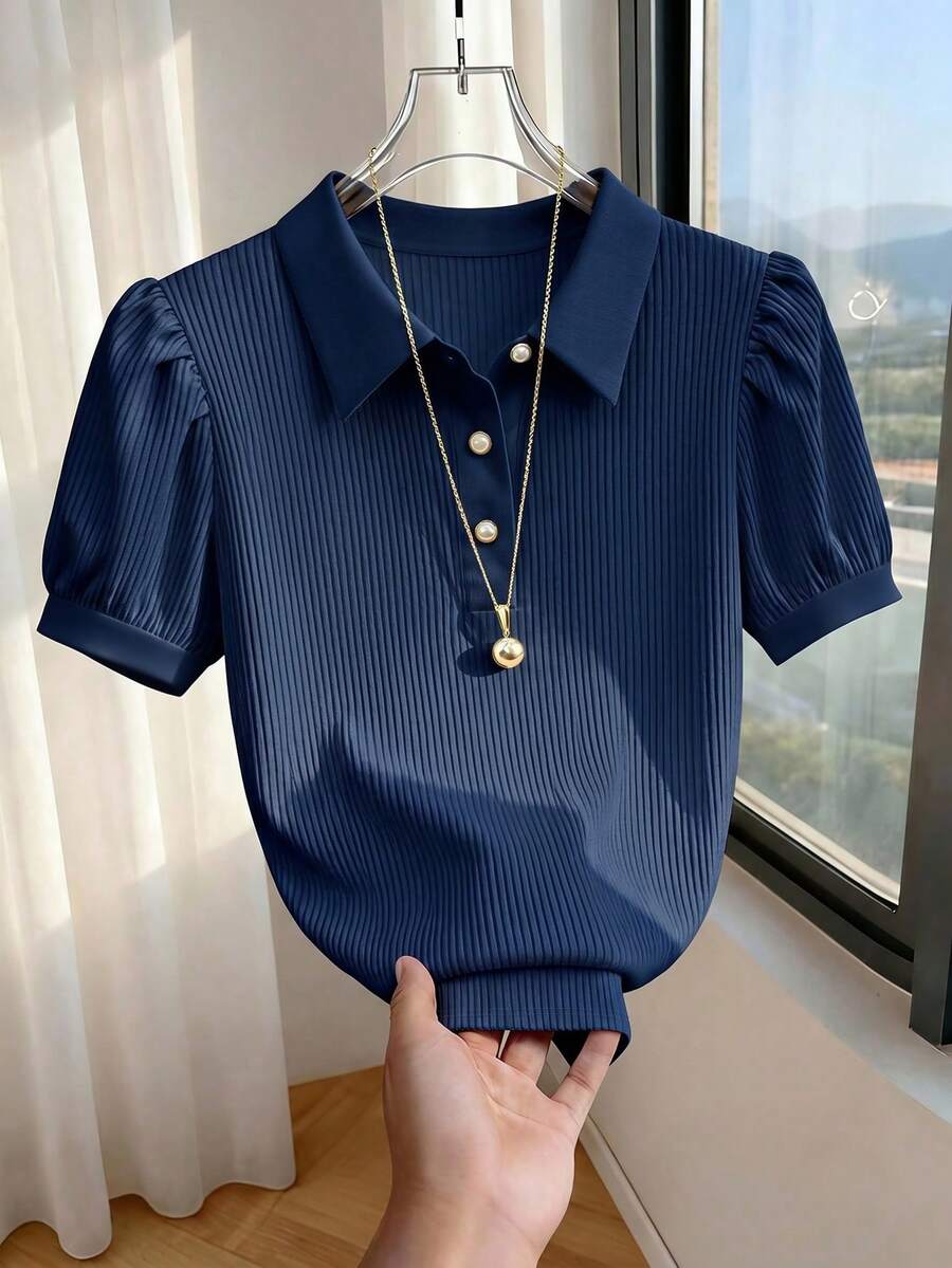 SHEIN Franclia 纯色都市通勤风优雅日常浪漫女式T恤 - 藏蓝色 - 查看 1
