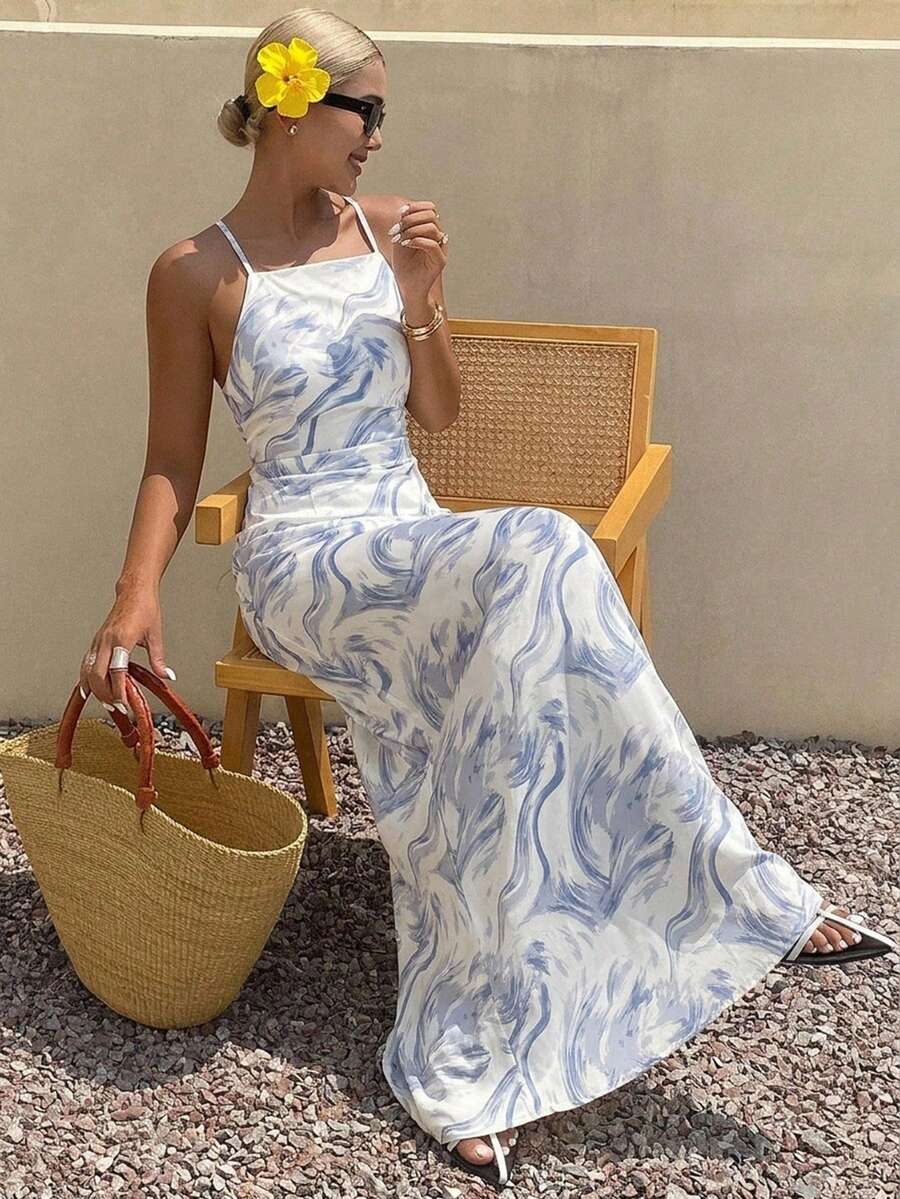 DAZY All-Over Floral Print Fitted Spaghetti Strap Lace-Up Back Sexy Vacation Summer Women's Dress - Blue - View 1