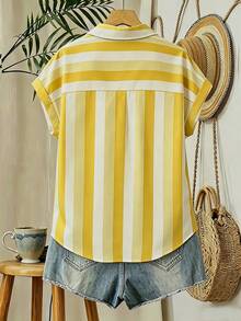 EMERY ROSE Women's Striped Patchwork Color Block Single-Breasted Casual Versatile Daily Outing Shirt - Yellow - View 2